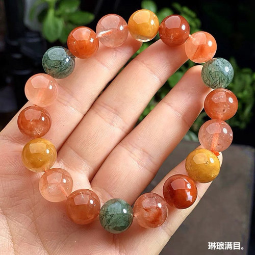 天然水晶福祿壽紅黃彩兔毛手鏈綠髮晶男女同款單圈手串裝飾品禮物