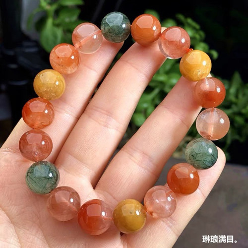 天然水晶福祿壽紅黃彩兔毛手鏈綠髮晶男女同款單圈手串裝飾品禮物