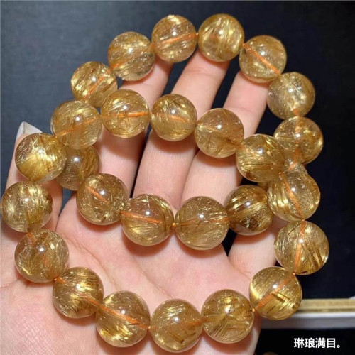 天然巴西金髮晶手鏈女貓眼鈦晶板鈦順髮金髮晶手串男士送禮物單圈