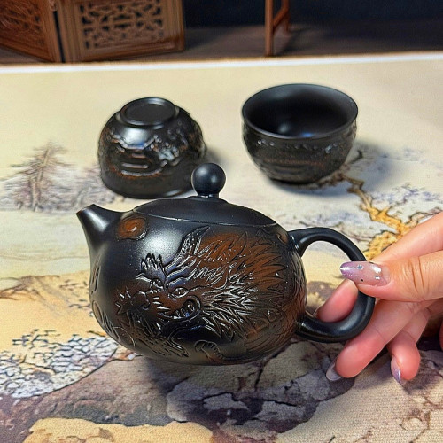 純手工可提可旋轉紫陶飛機壺祥龍西施壺雲南鳳鳴壺雕刻茶壺可倒掛