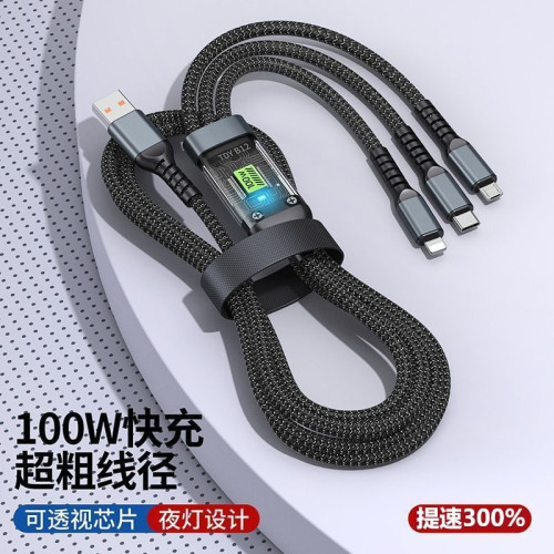 跨境100W透明數顯一拖三快充線手機數據線適用華爲蘋果安卓三合一
