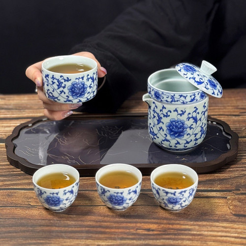 景德青花瓷懸停旅行茶具可旋轉便攜式茶盃快客茶具戶外高端送禮批