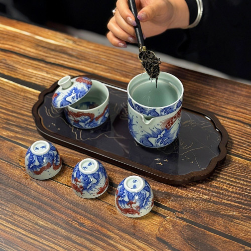 景德青花瓷懸停旅行茶具可旋轉便攜式茶盃快客茶具戶外高端送禮批