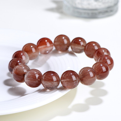 久雅水晶 天然紅兔毛圓珠手鏈 紅色豆沙滿髮 髮晶散珠手串 批髮