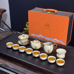 汝窰手工描金茶具套裝功夫茶具茶盃茶壺高檔黃汝家用泡茶商務送禮