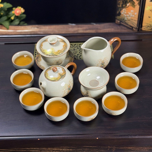 汝窰手工描金茶具套裝功夫茶具茶盃茶壺高檔黃汝家用泡茶商務送禮