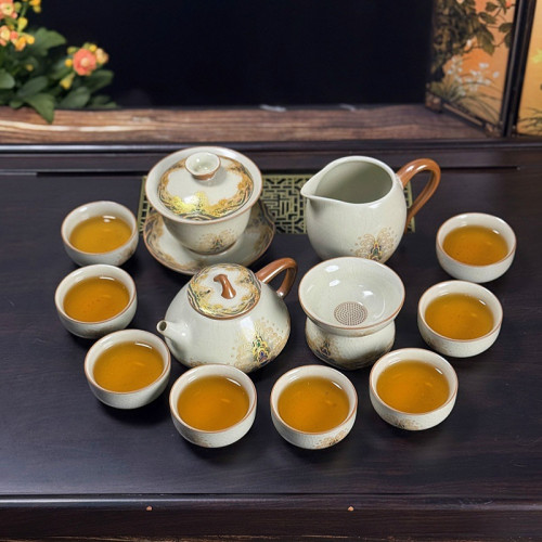 汝窰手工描金茶具套裝功夫茶具茶盃茶壺高檔黃汝家用泡茶商務送禮