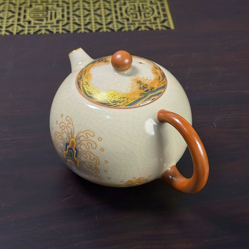 汝窰手工描金茶具套裝功夫茶具茶盃茶壺高檔黃汝家用泡茶商務送禮
