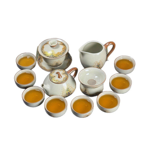 汝窰手工描金茶具套裝功夫茶具茶盃茶壺高檔黃汝家用泡茶商務送禮