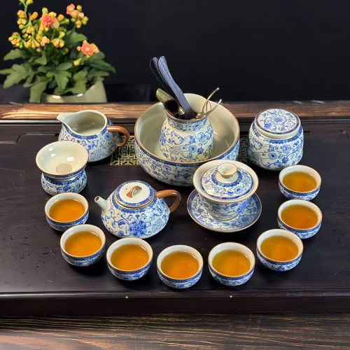 青花黃汝窰繁花琺瑯彩茶具套裝功夫茶具全套茶具茶壺茶盃高檔禮品