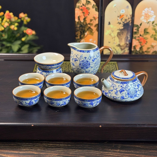 青花黃汝窰繁花琺瑯彩茶具套裝功夫茶具全套茶具茶壺茶盃高檔禮品