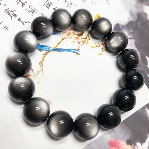 天然銀曜石手串天然水晶男士收藏級貓眼光轉運石銀耀手鏈工廠批髮