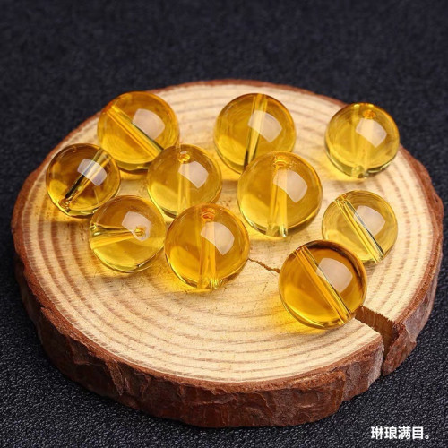 天然收藏級巴西黃水晶圓珠散珠手工配件轉運彿珠手鏈黃水晶單珠女