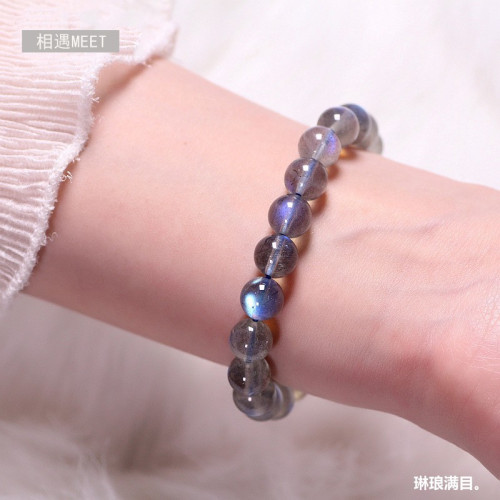 天然拉長石手鏈女灰月光石水晶強彩光藍光圓珠灰月光手鏈單圈批髮