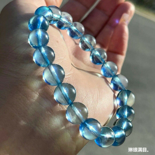 天然巴西水晶手鏈男女款海藍寶手鏈時尚海藍寶單圈圓珠手鏈送禮物