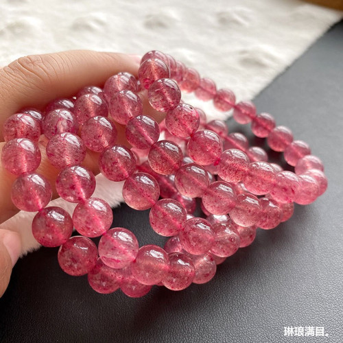 紅潤草莓晶手鏈女小衆招桃花天然草莓晶水晶手串單圈圓珠時尚飾品