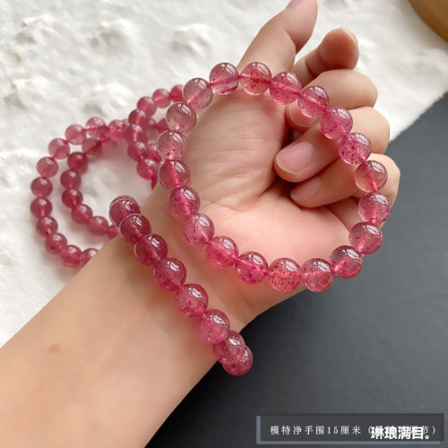 紅潤草莓晶手鏈女小衆招桃花天然草莓晶水晶手串單圈圓珠時尚飾品