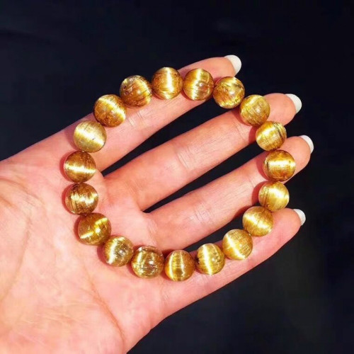 天然巴西鈦晶手鏈金髮晶順板鈦貓眼手串單圈三圈彿珠項鏈男女款