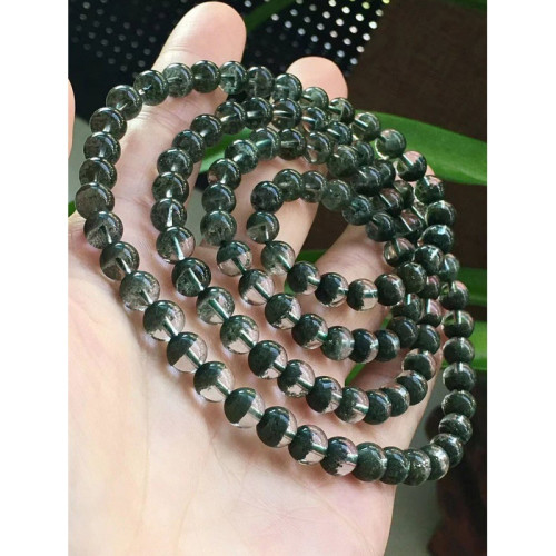 天然水晶綠幽霛聚寶盆多圈手鏈女彿散單珠項鏈寶108墨綠A手串四季