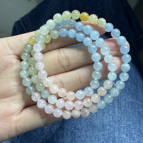 天然彩虹漸變摩根石手鏈三圈水晶手鏈清新色約6.6mm飾品禮物包郵