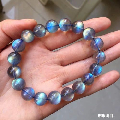 天然灰月光石手鏈男女顆顆強光大顆粒拉長石手串藍光彩光月光水晶