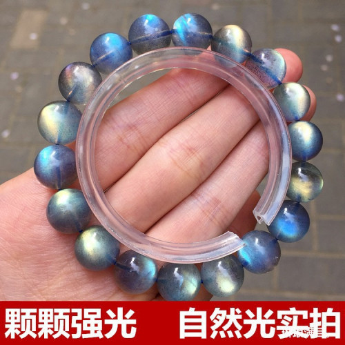 天然灰月光石手鏈男女顆顆強光大顆粒拉長石手串藍光彩光月光水晶