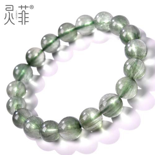 天然老料綠髮晶手鏈巴西順髮綠鈦晶珠子散珠水晶單圈手串男女