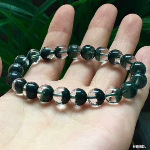 天然巴西水晶手鏈綠幽靈手鏈半盆男女款綠幽靈手串單圈圓珠手鏈男