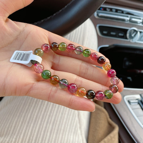 天然水晶巴西老料彩虹碧璽手鏈女款圓珠濃豔通透糖果碧璽手串送禮