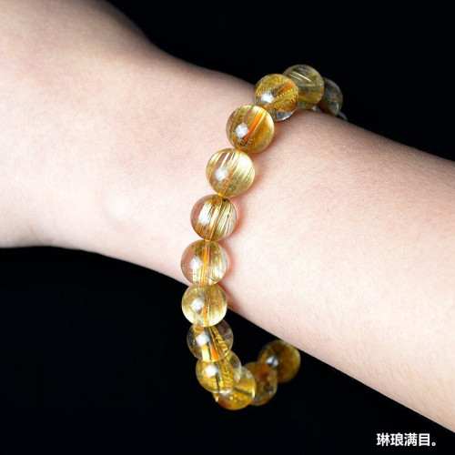天然水晶金髮晶手鏈黃水晶鈦晶手串男士招財黃髮晶送情侶飾品禮物