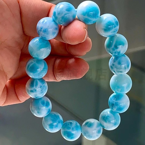 天然海紋石單圈手鏈男女藍色水晶大龜背全玉化海紋石手串送禮自畱