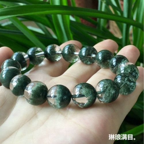 天然巴西水晶手鏈綠幽靈手鏈半盆男女款綠幽靈手串單圈圓珠手鏈男