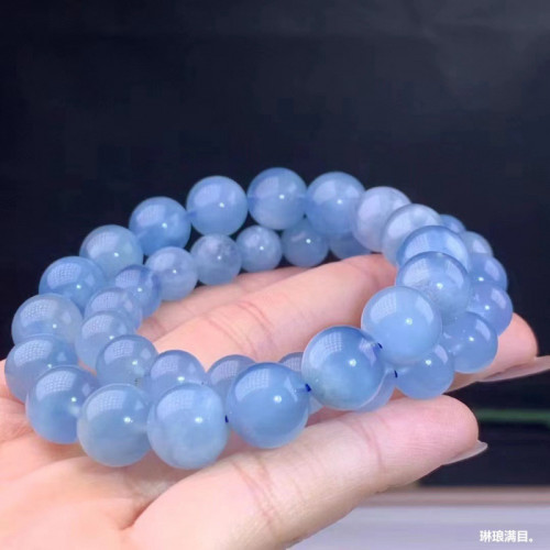 天然海藍寶手串藍天白雲海藍寶單圈手鏈藍色水晶圓珠時尚飾品批髮