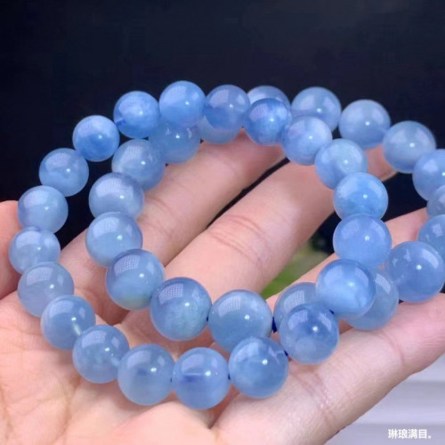 天然海藍寶手串藍天白雲海藍寶單圈手鏈藍色水晶圓珠時尚飾品批髮