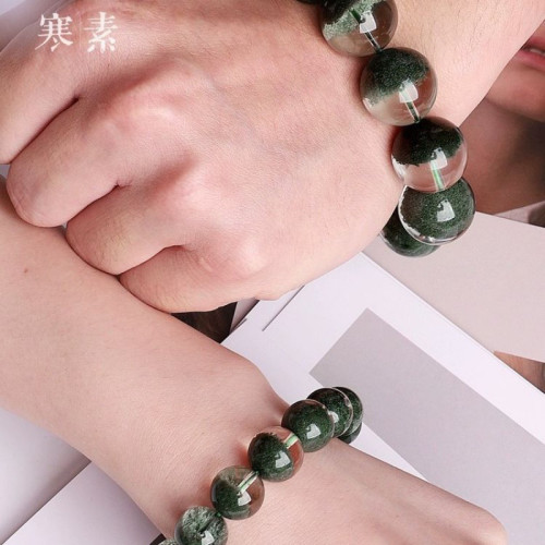 天然收藏級巴西綠幽霛手鏈女單圈聚寶盆意境水晶手鏈男女淨體半盆