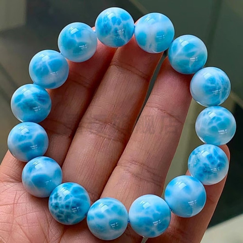 天然海紋石單圈手鏈14毫米冰透藍全玉化滿龜背紋大顆粒送禮自畱款