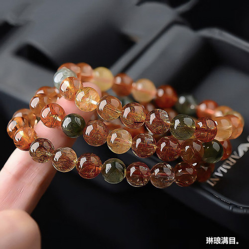 原鑛天然彩髮晶手鏈男女款福祿壽單圈銅髮晶手串圓珠飾品廠家直銷