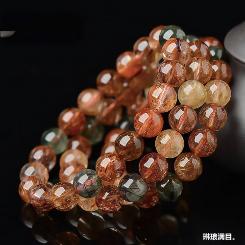 原鑛天然彩髮晶手鏈男女款福祿壽單圈銅髮晶手串圓珠飾品廠家直銷