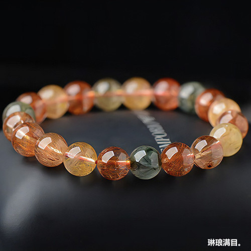 原鑛天然彩髮晶手鏈男女款福祿壽單圈銅髮晶手串圓珠飾品廠家直銷