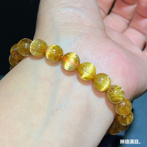 天然巴西金髮晶手鏈鈦晶順髮貓眼石女黃水晶黃髮晶手串男禮物批髮
