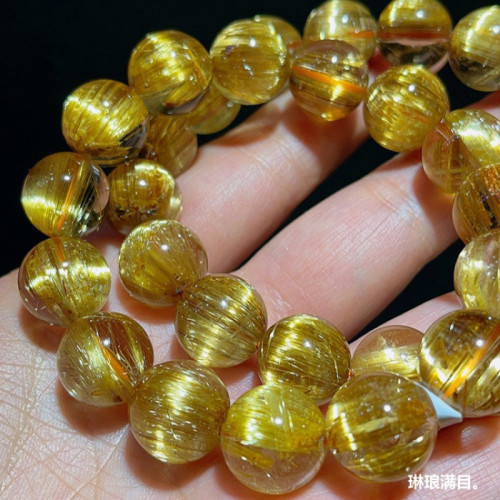 天然巴西金髮晶手鏈鈦晶順髮貓眼石女黃水晶黃髮晶手串男禮物批髮