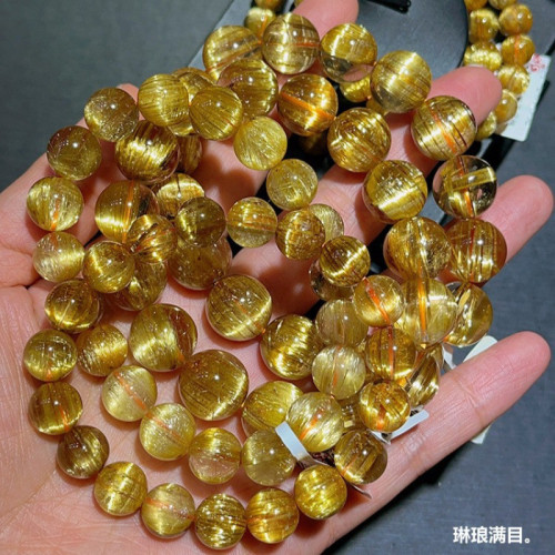 天然巴西金髮晶手鏈鈦晶順髮貓眼石女黃水晶黃髮晶手串男禮物批髮