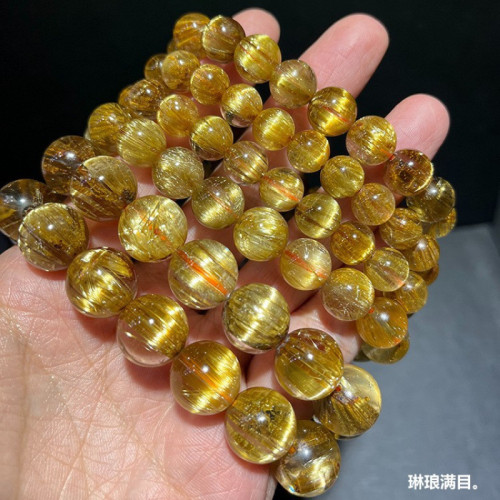 天然巴西金髮晶手鏈鈦晶順髮貓眼石女黃水晶黃髮晶手串男禮物批髮