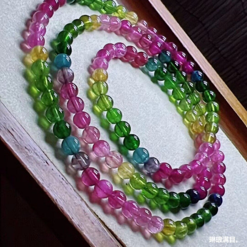 天然巴西水晶手鏈碧璽手鏈少女款彩虹碧璽三圈圓珠碧璽多圈手鏈女