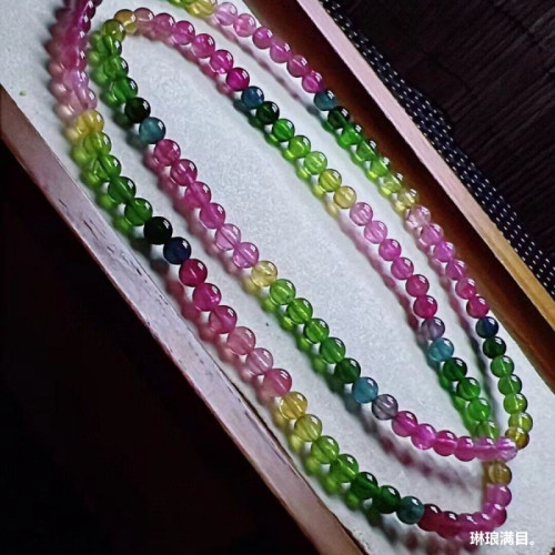 天然巴西水晶手鏈碧璽手鏈少女款彩虹碧璽三圈圓珠碧璽多圈手鏈女