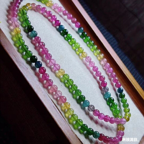 天然巴西水晶手鏈碧璽手鏈少女款彩虹碧璽三圈圓珠碧璽多圈手鏈女