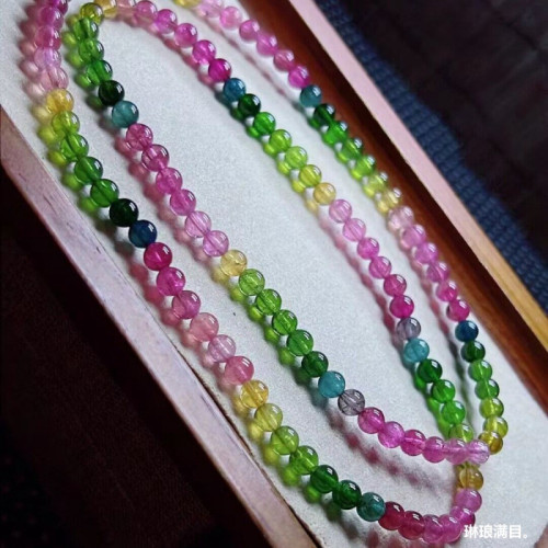 天然巴西水晶手鏈碧璽手鏈少女款彩虹碧璽三圈圓珠碧璽多圈手鏈女