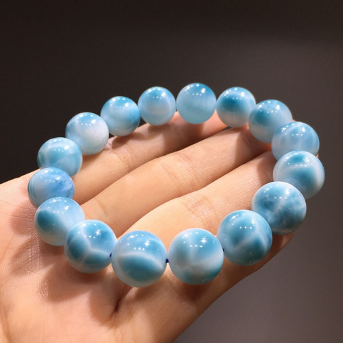 天然海紋石手鏈女藍色水晶多米尼加海紋石單珠手鏈拉利瑪手串吊墜