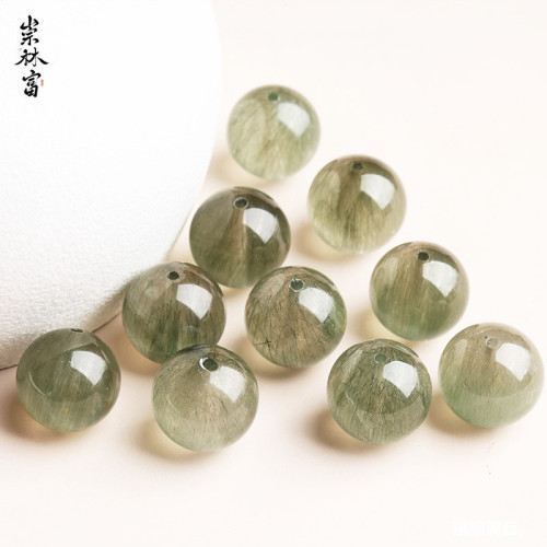 天然冰種綠順髮綠髮晶散珠diy手工串珠多寶手鏈項鏈水晶單珠圓珠