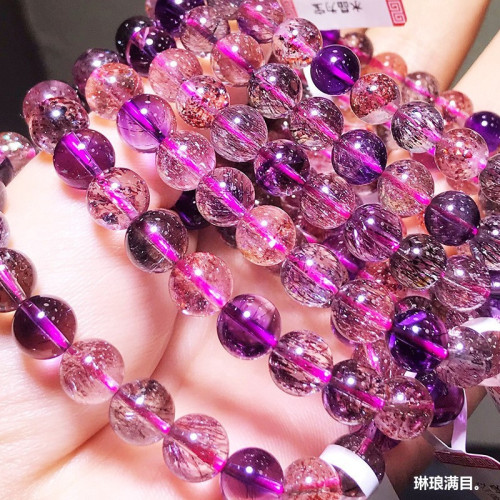 天然巴西超七水晶手鏈女金草莓晶水晶手串三輪骨乾髮絲紫髮晶手鏈
